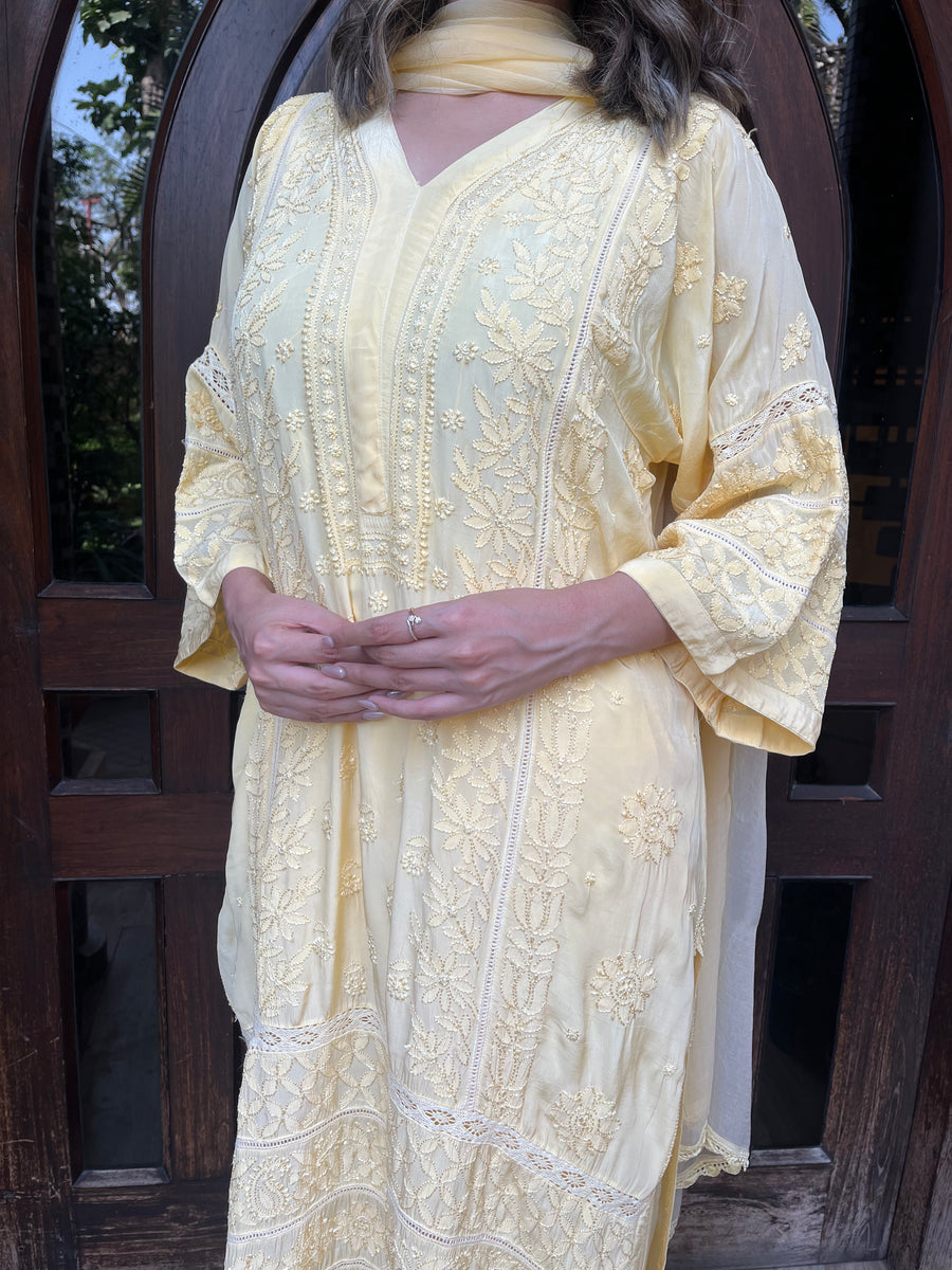 Chikankari Muslin Suit set - Corn Yellow