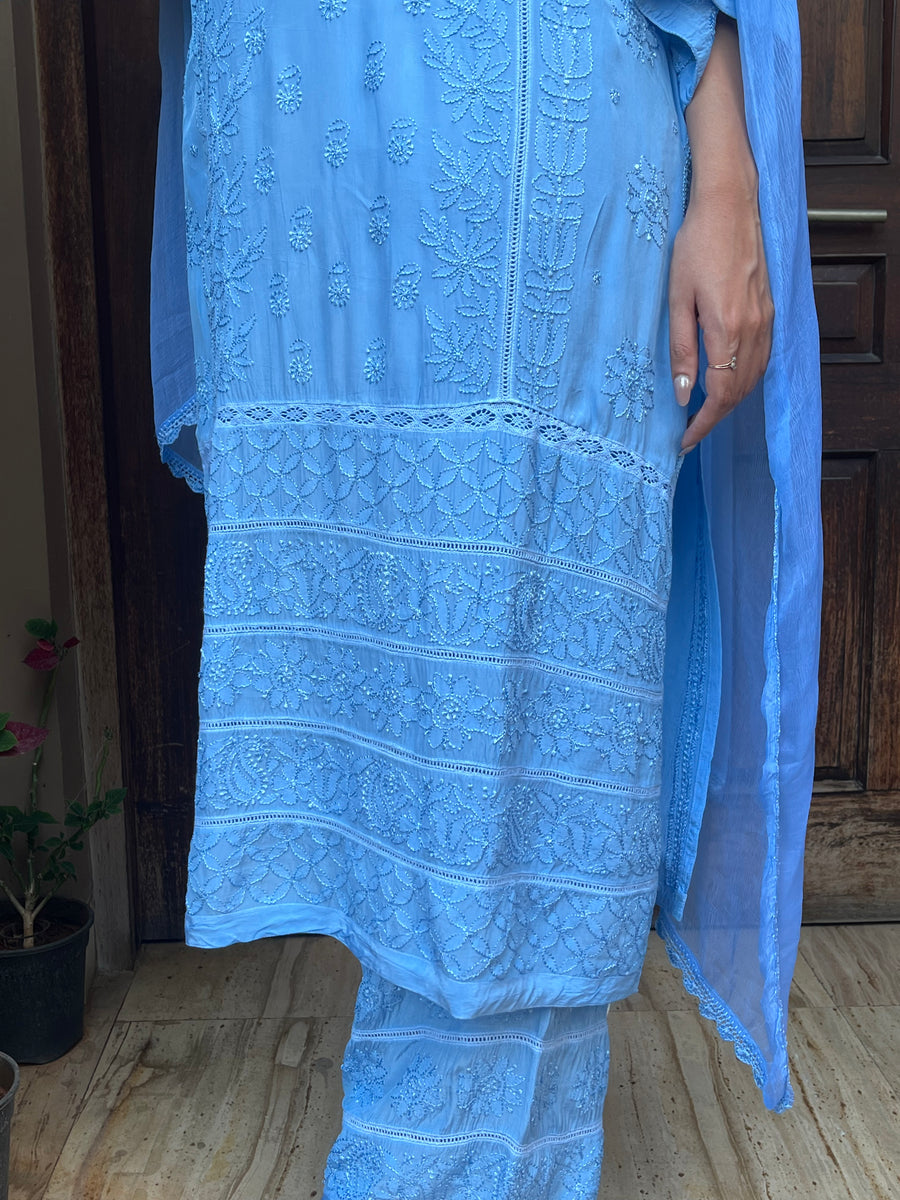 Chikankari Muslin Suit set - Ink Blue