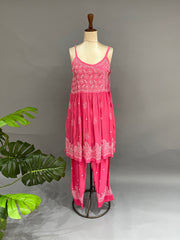 Muslin Chikankari Co-ord Set - Fuchsia Pink