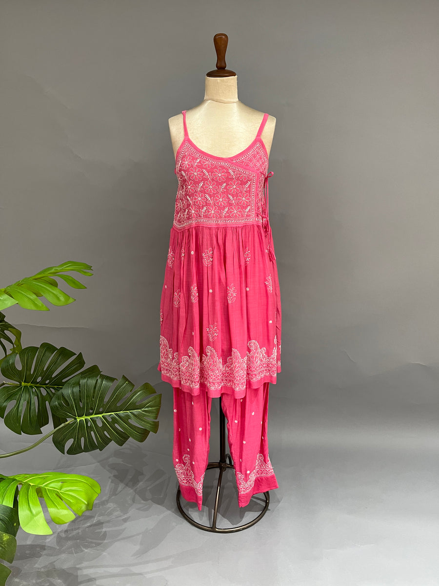 Muslin Chikankari Co-ord Set - Fuchsia Pink