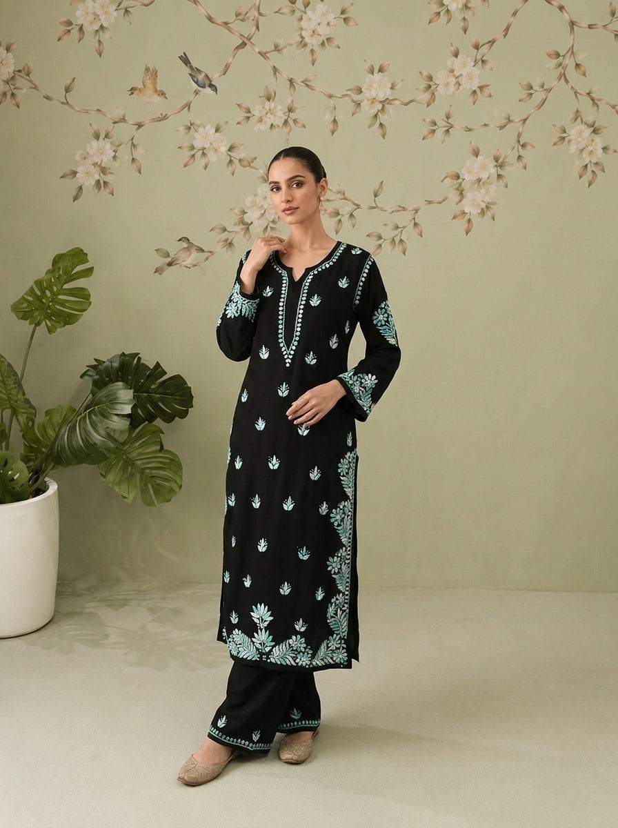 Rayon Chikankari Kurta and Bottom Set - Black and Teal