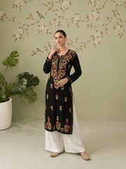 Rayon Chikankari Kurti - Black and Multicolour