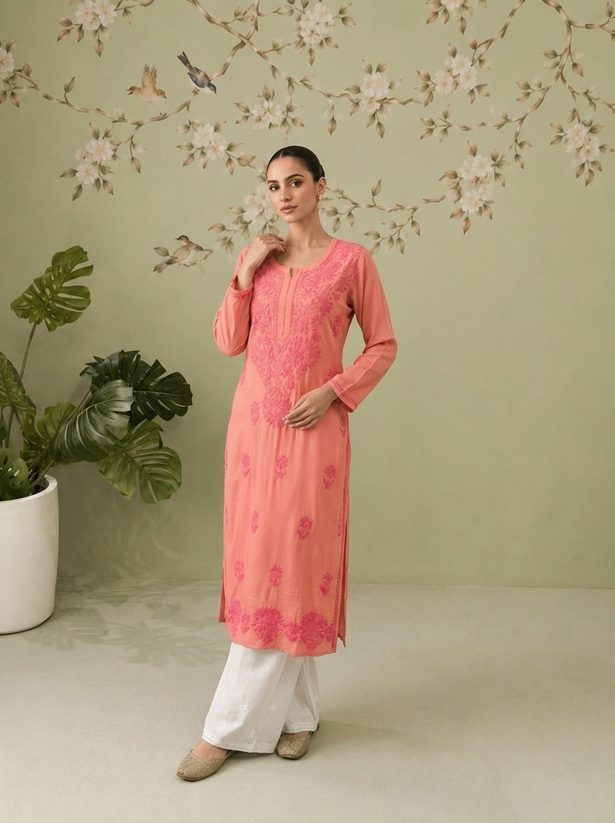 Rayon Chikankari Kurti - Coral