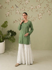 Cotton Chikankari Short Kurta - Asparagus
