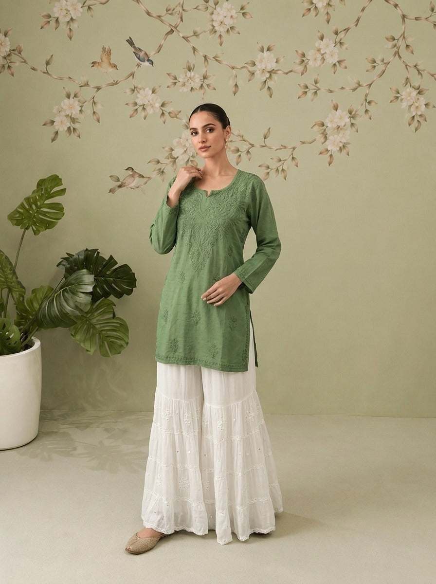 Cotton Chikankari Short Kurta - Asparagus