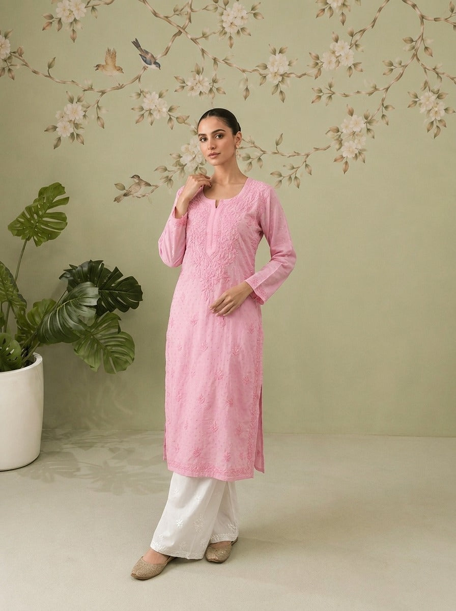 Cotton Chikankari Kurti - Carnation PInk
