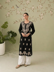 Rayon Chikankari Kurti - Black and Beige