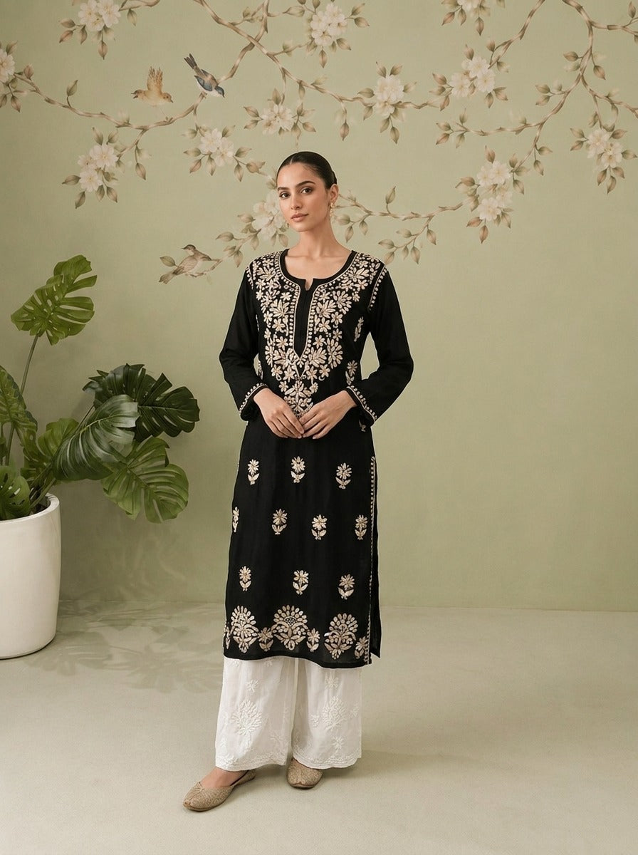 Rayon Chikankari Kurti - Black and Beige