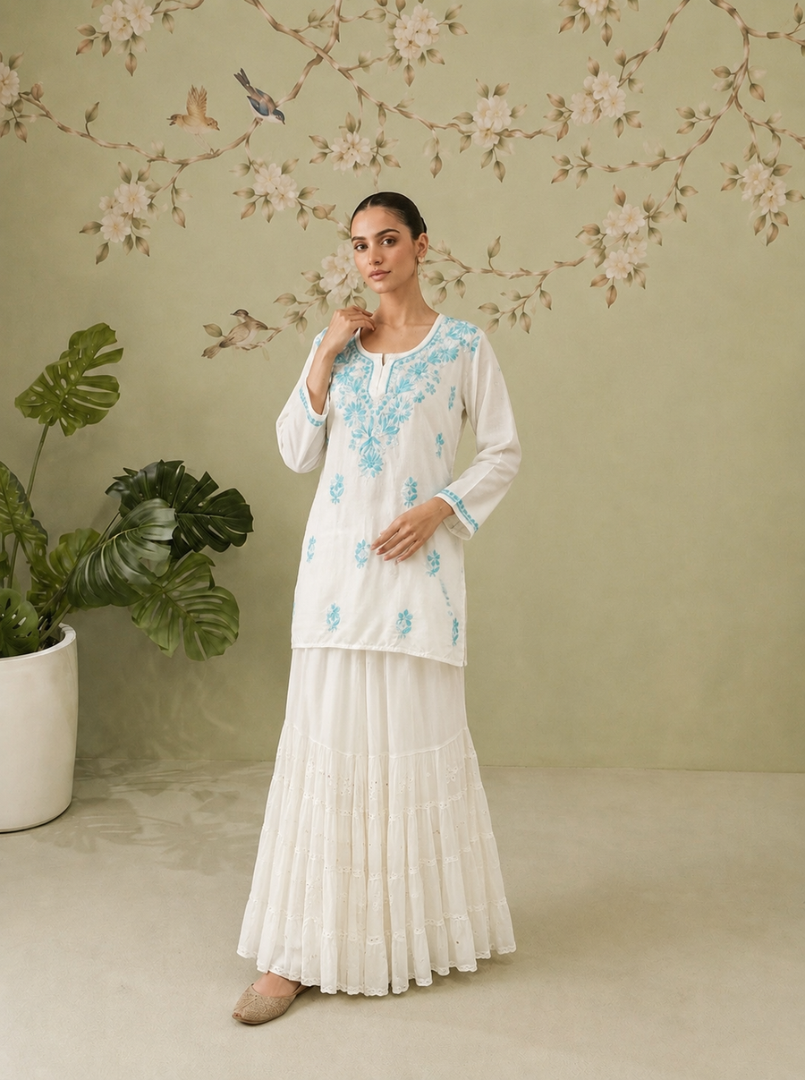 Rayon Chikankari Short Kurti - White and Sea Blue