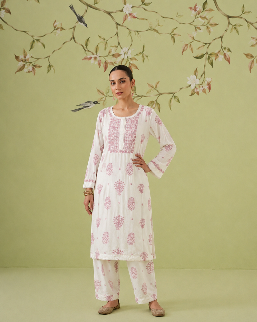 Muslin Chikankari Co-ord Set - White