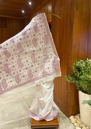 Kota Chikankari Saree - White and Mauve
