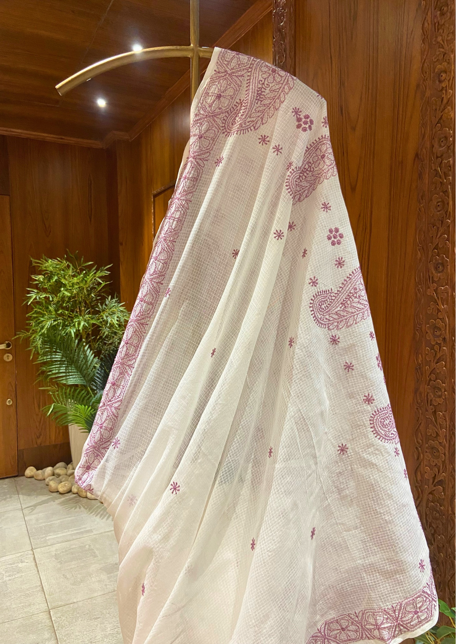 Kota Chikankari Saree - White and Mauve