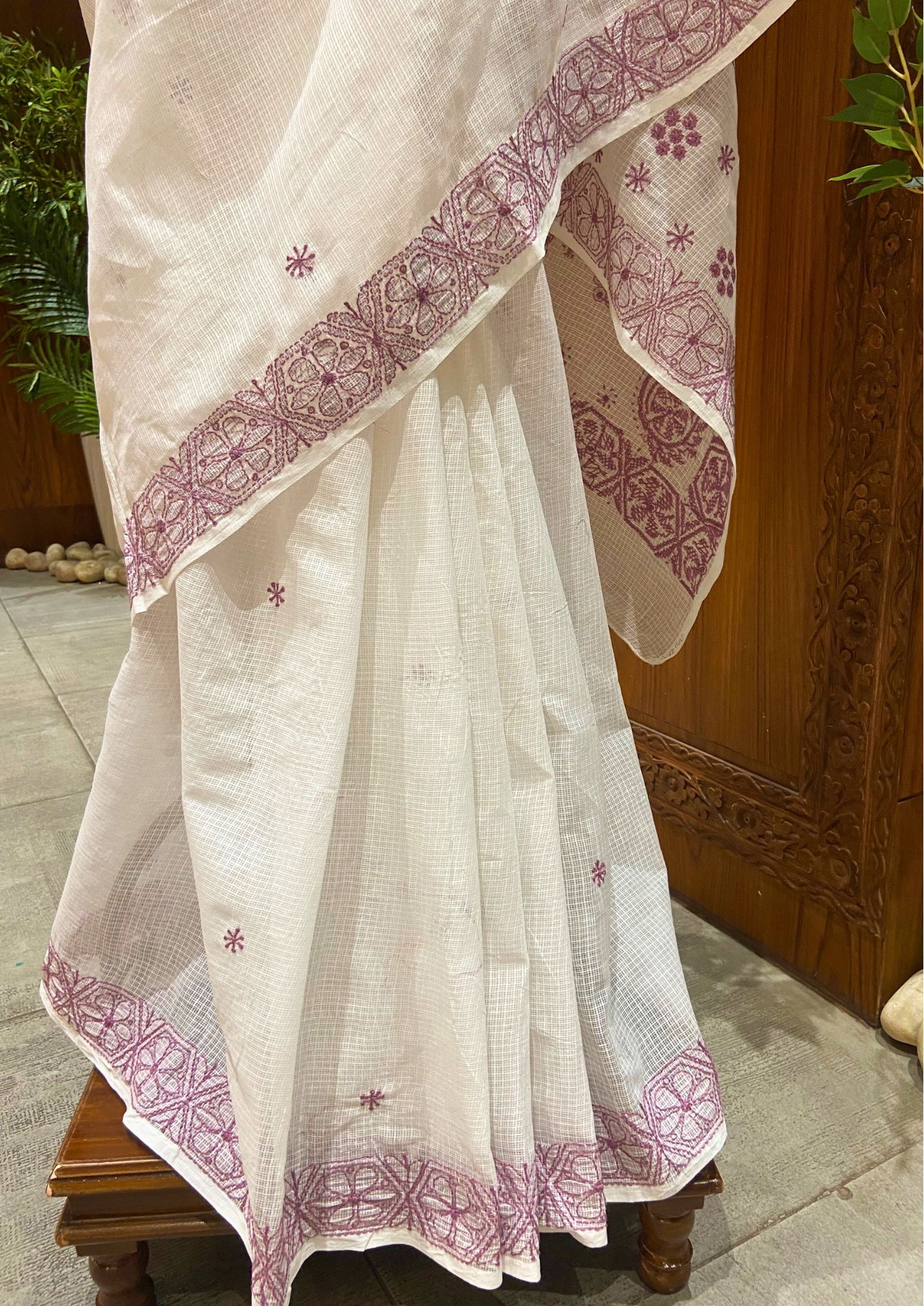 Kota Chikankari Saree - White and Mauve