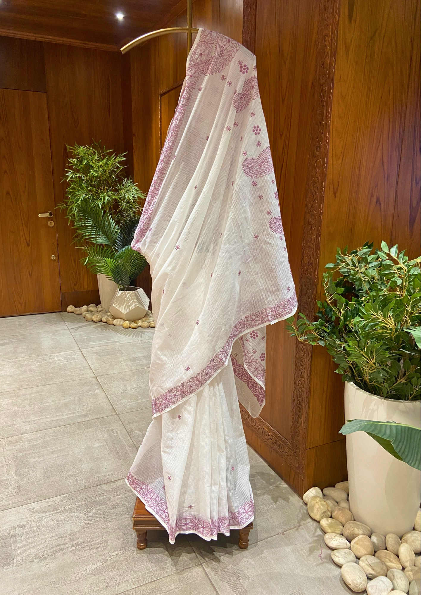 Kota Chikankari Saree - White and Mauve