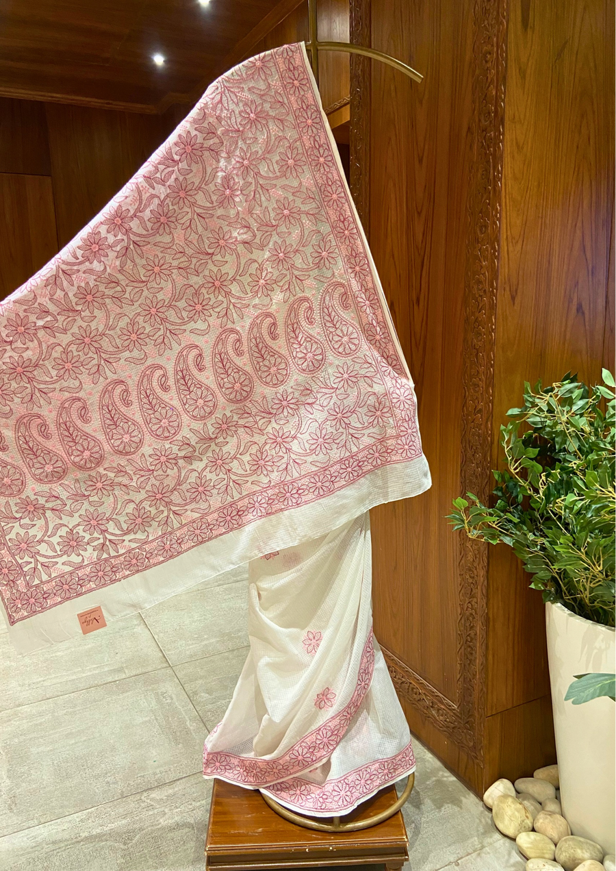 Kota Chikankari Saree - Coral Blush