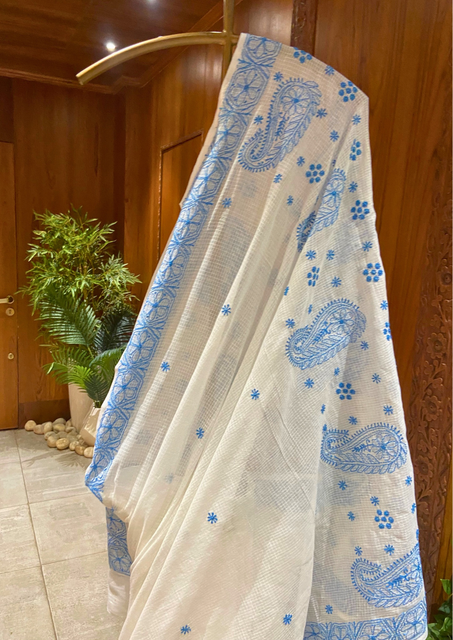 Kota Chikankari Saree - White and Blue