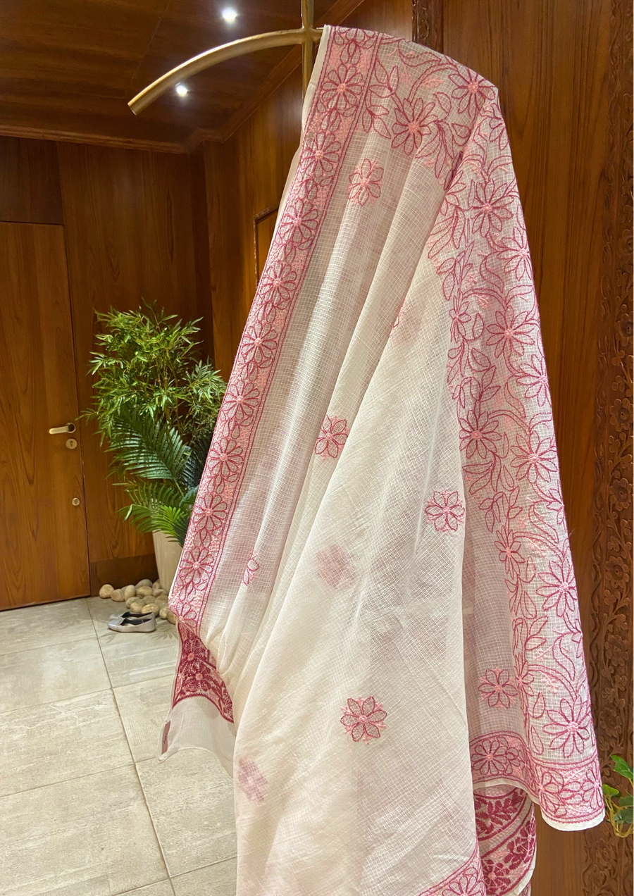 Kota Chikankari Saree - Coral Blush
