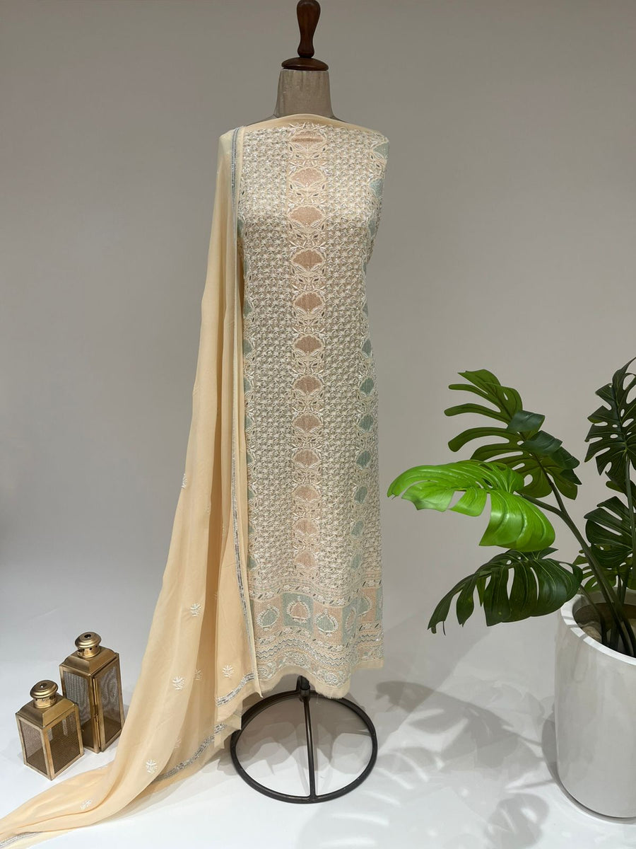 Pure Georgette Chikankari 2pc Suit - Double Cream