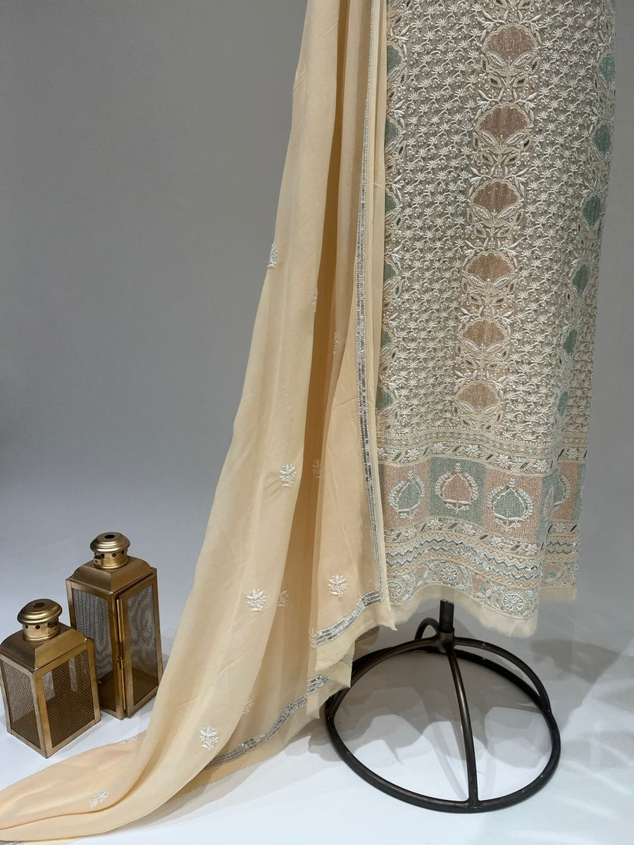 Pure Georgette Chikankari 2pc Suit - Double Cream