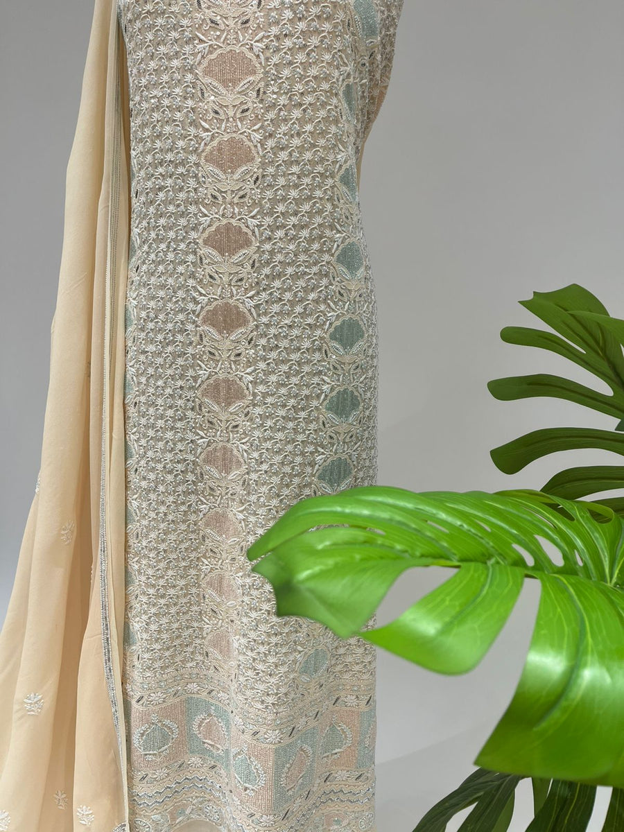 Pure Georgette Chikankari 2pc Suit - Double Cream