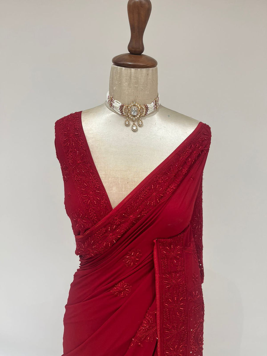 Viscose Chikankari Saree - Maroon Red