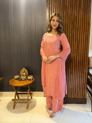 Chikankari Muslin Suit Set - Brick Rust