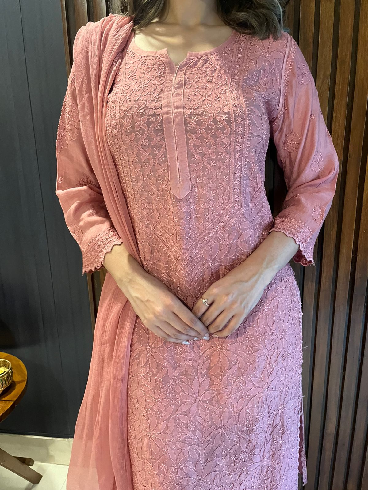 Chikankari Muslin Suit Set - Brick Rust