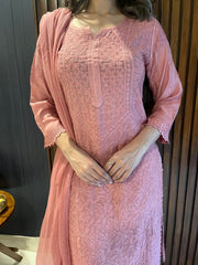 Chikankari Muslin Suit Set - Brick Rust
