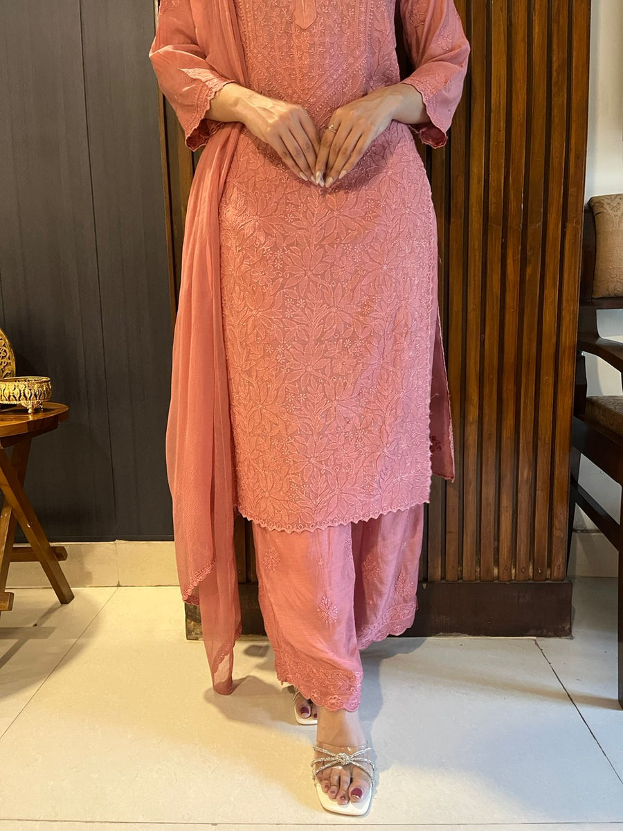Chikankari Muslin Suit Set - Brick Rust
