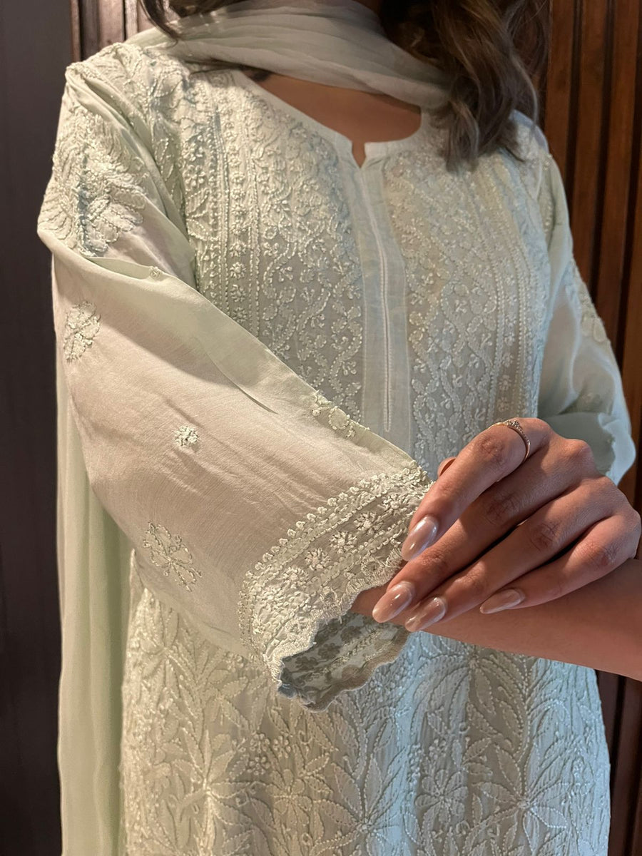 Chikankari Muslin Suit Set - Mint Green