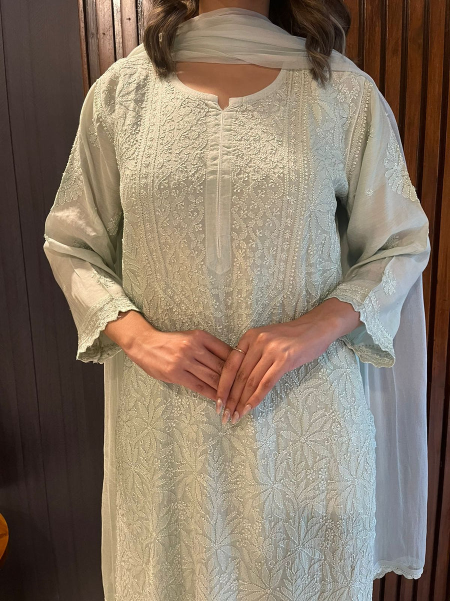 Chikankari Muslin Suit Set - Mint Green