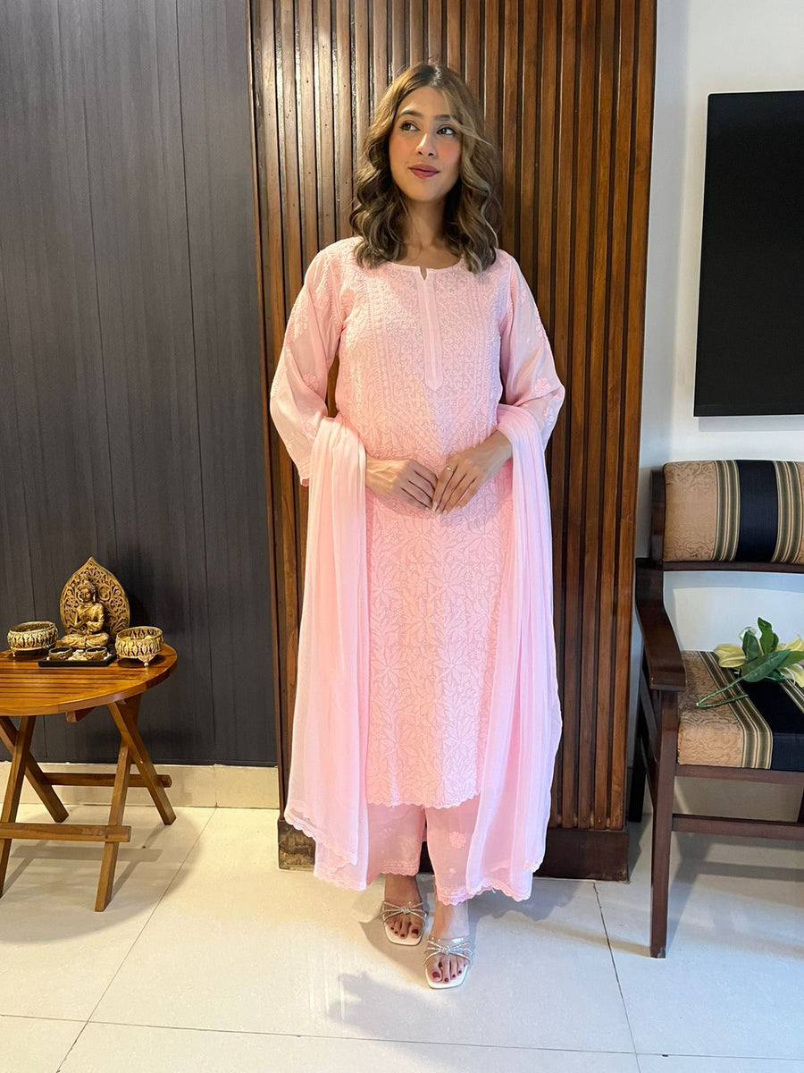Chikankari Muslin Suit Set - Baby Pink