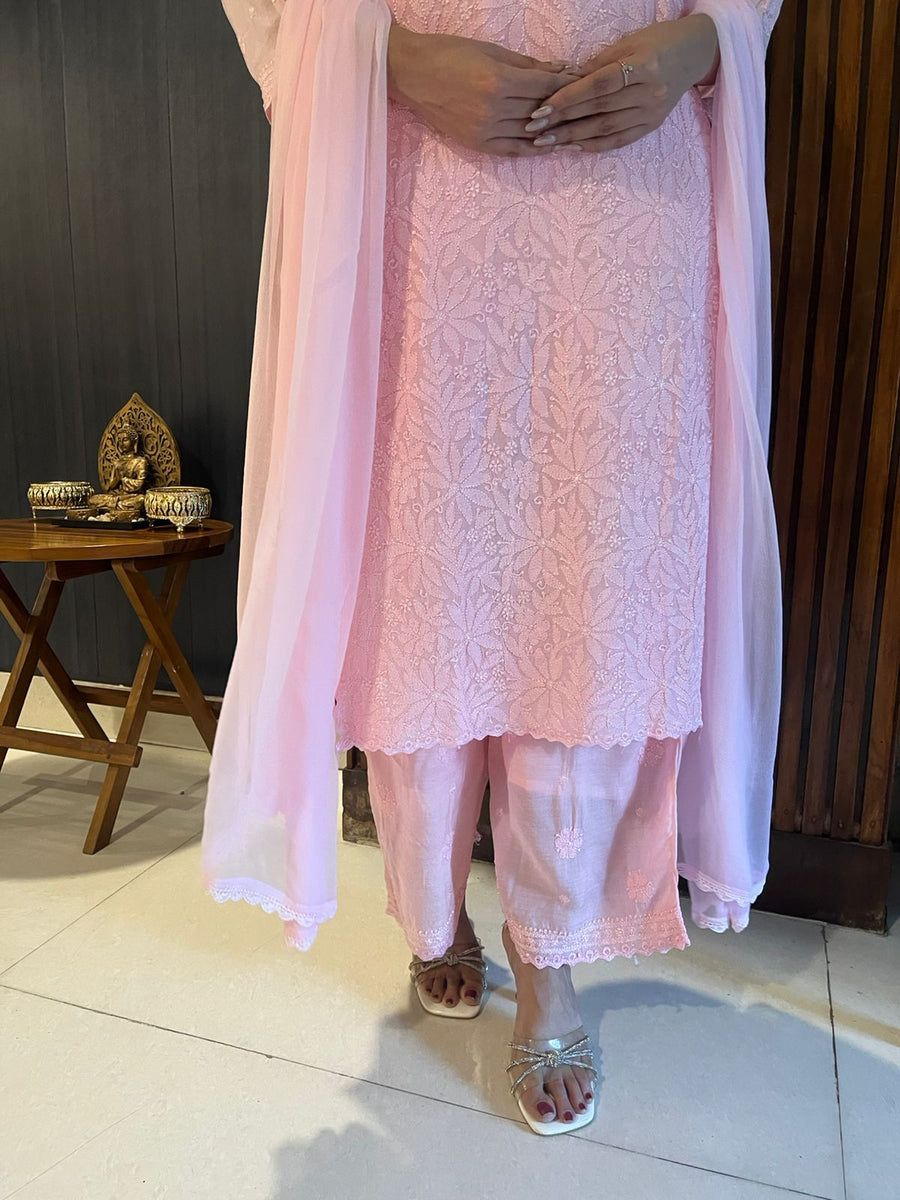 Chikankari Muslin Suit Set - Baby Pink