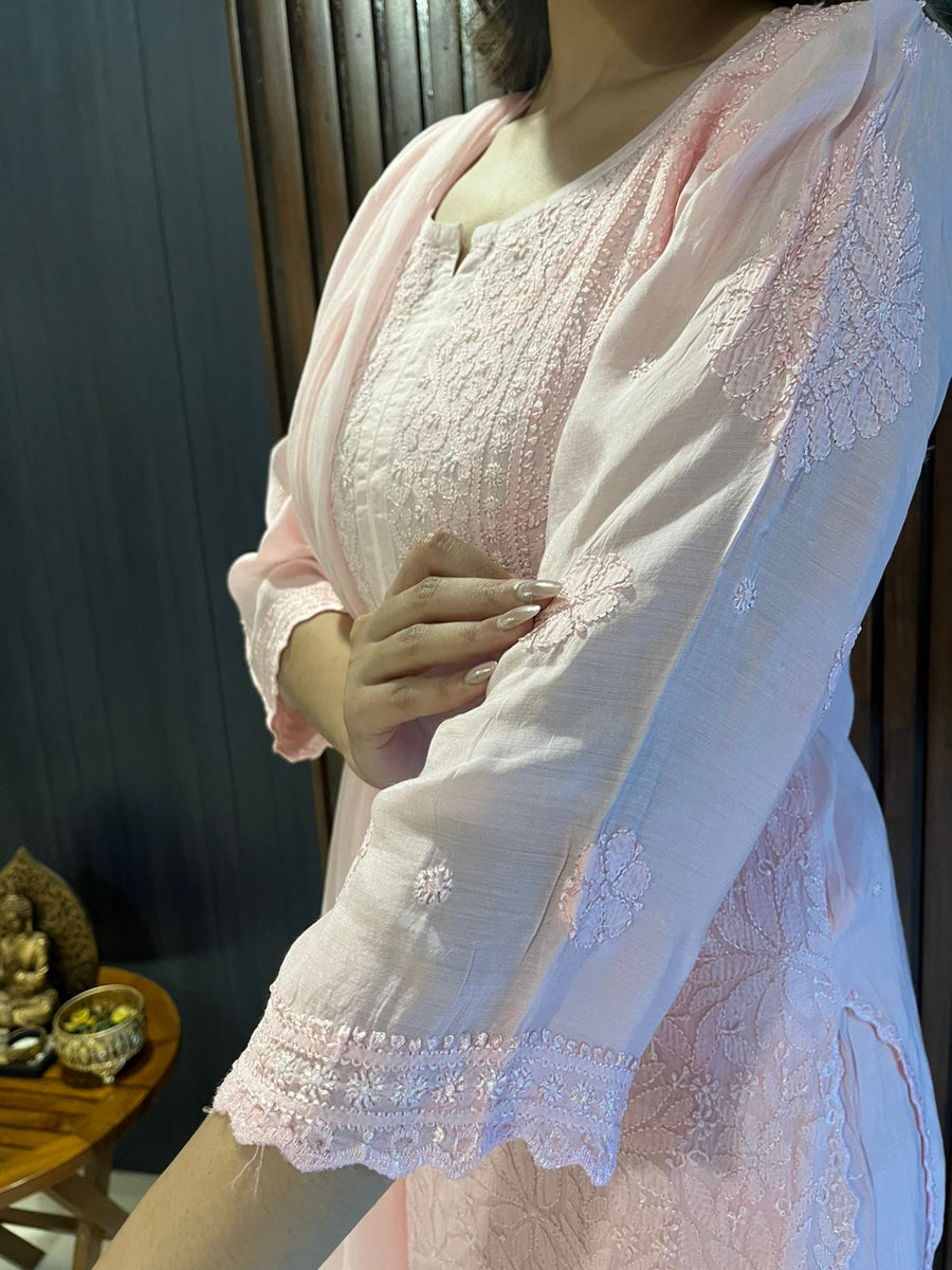 Chikankari Muslin Suit Set - Baby Pink