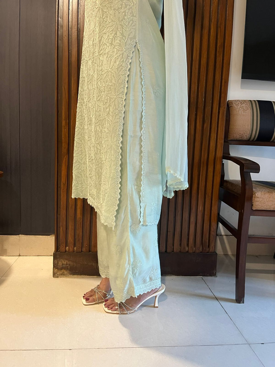 Chikankari Muslin Suit Set - Mint Green
