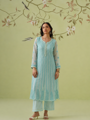 Georgette Anarkali Chikankari Kurta- Seafoam Green