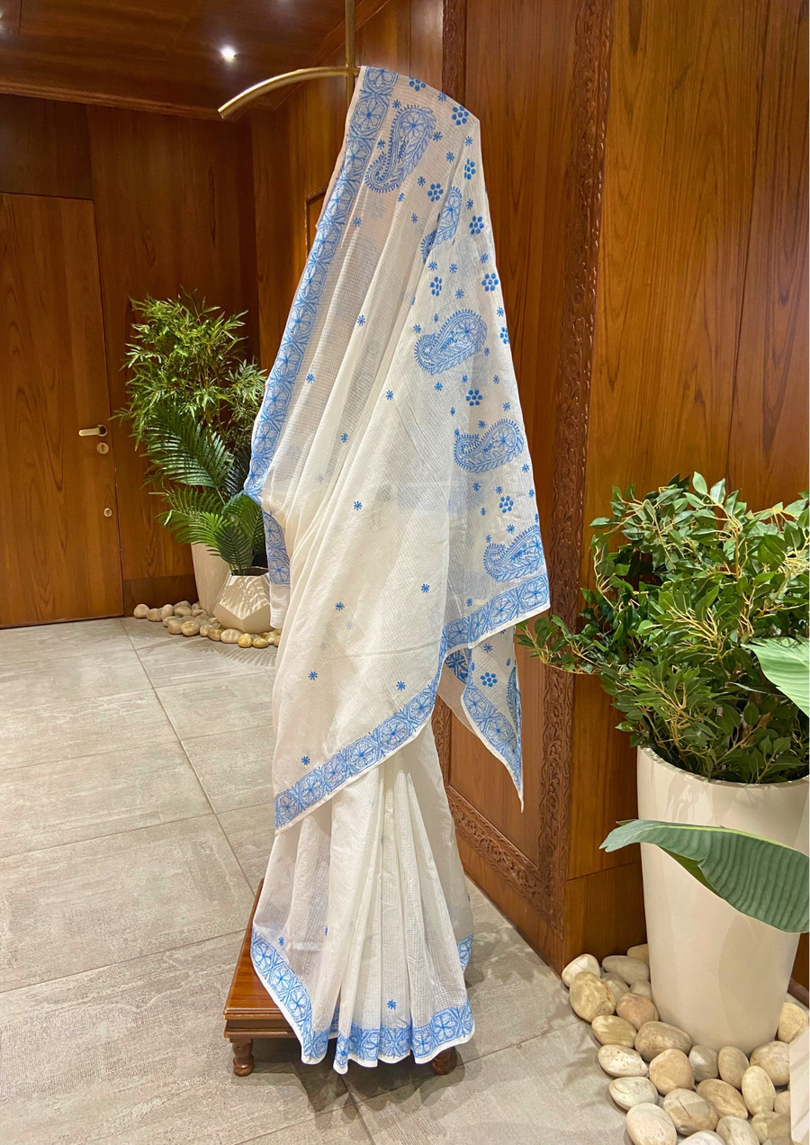 Kota Chikankari Saree - White and Blue