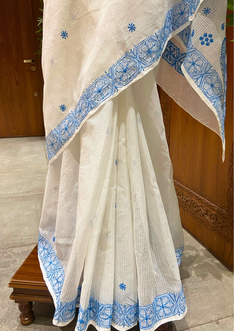Kota Chikankari Saree - White and Blue
