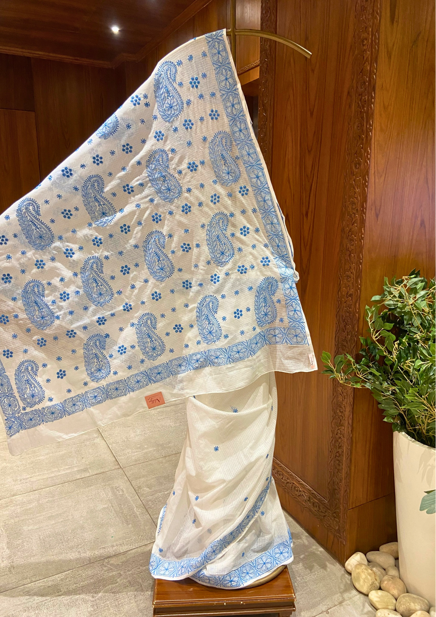 Kota Chikankari Saree - White and Blue