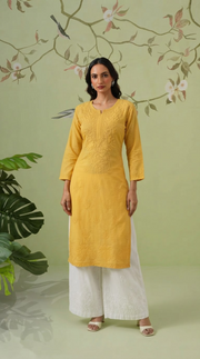 Cotton Chikankari Kurti - Parmesan Yellow