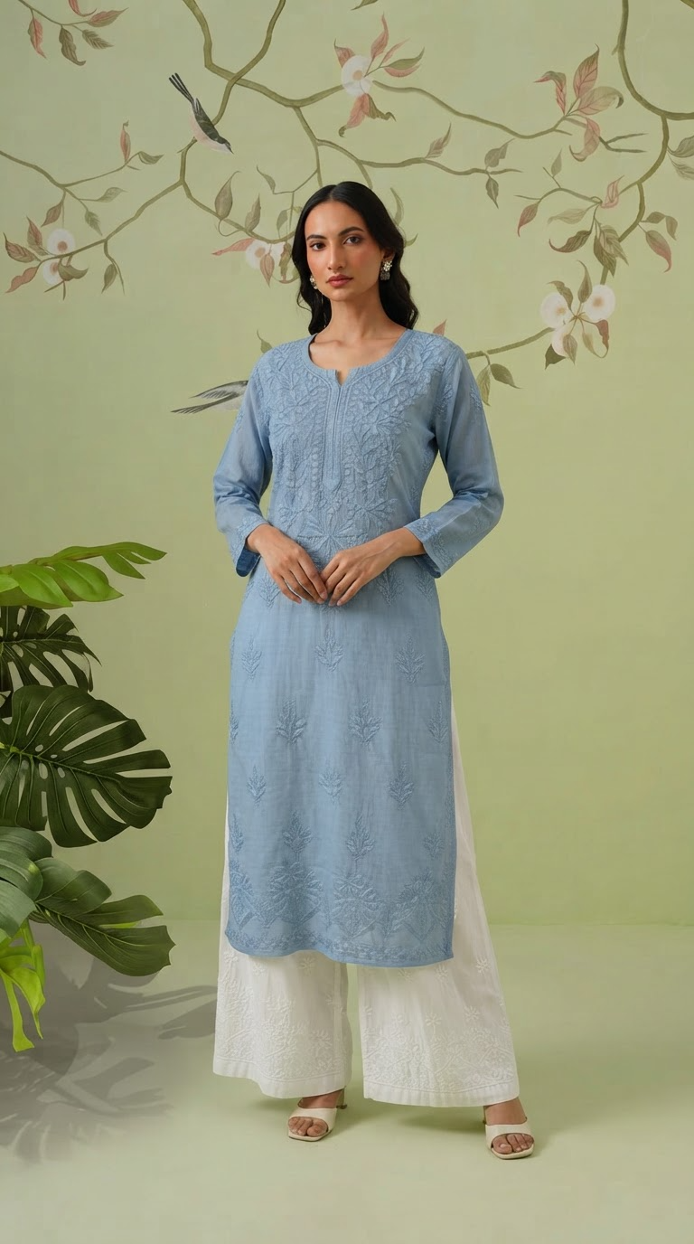 Cotton Chikankari Kurti - Cornflower Blue