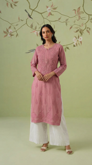 Cotton Chikankari Kurti -  Salmon Pink