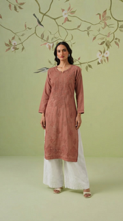 Cotton Chikankari Kurti -  Rust