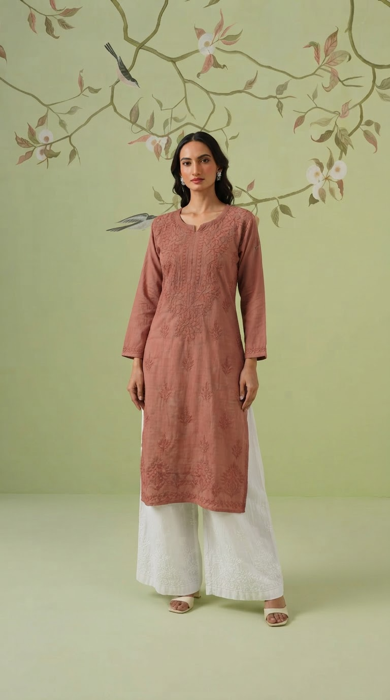 Cotton Chikankari Kurti -  Rust