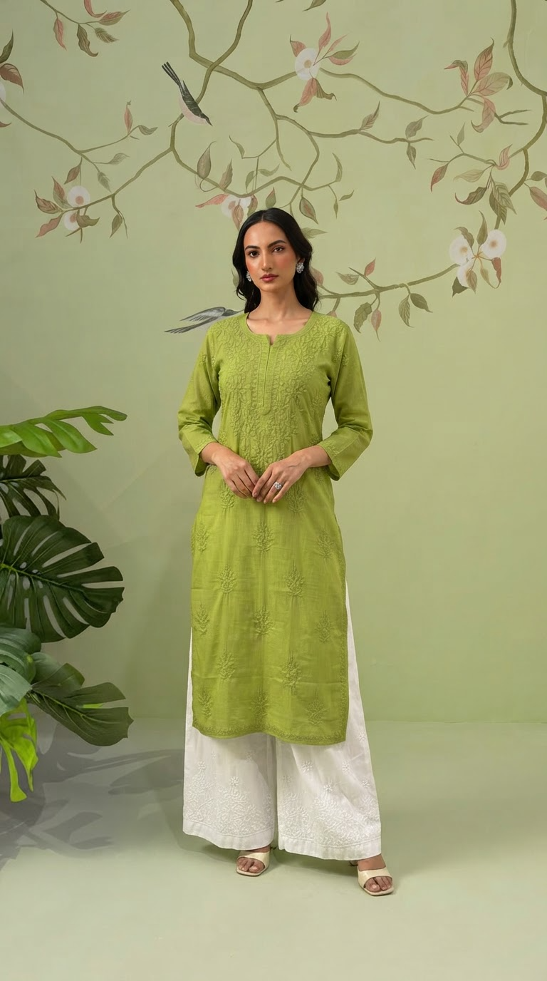 Cotton Chikankari Kurti - Tea Green