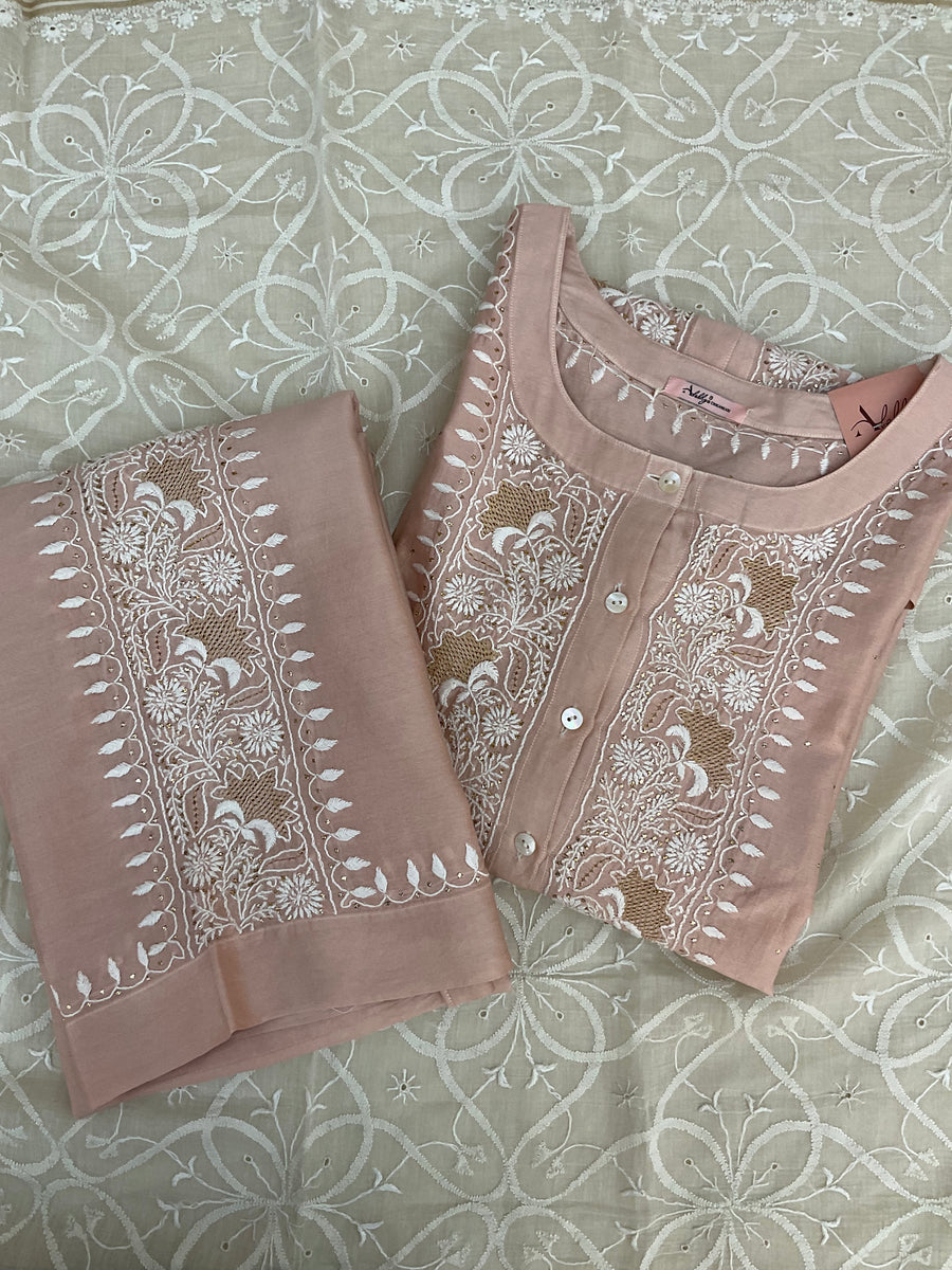 Chanderi chikankari coord set Semistitch -  Peach