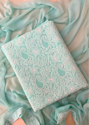 Cotton unstitched Chikankari Suit Material - Sea Blue