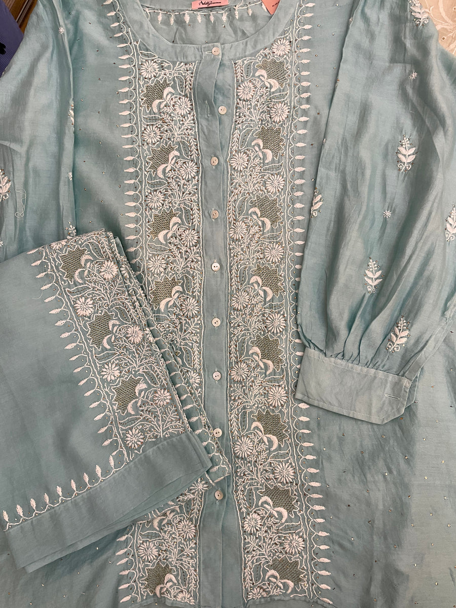 Chanderi chikankari coord set Semistitch - Sea Blue