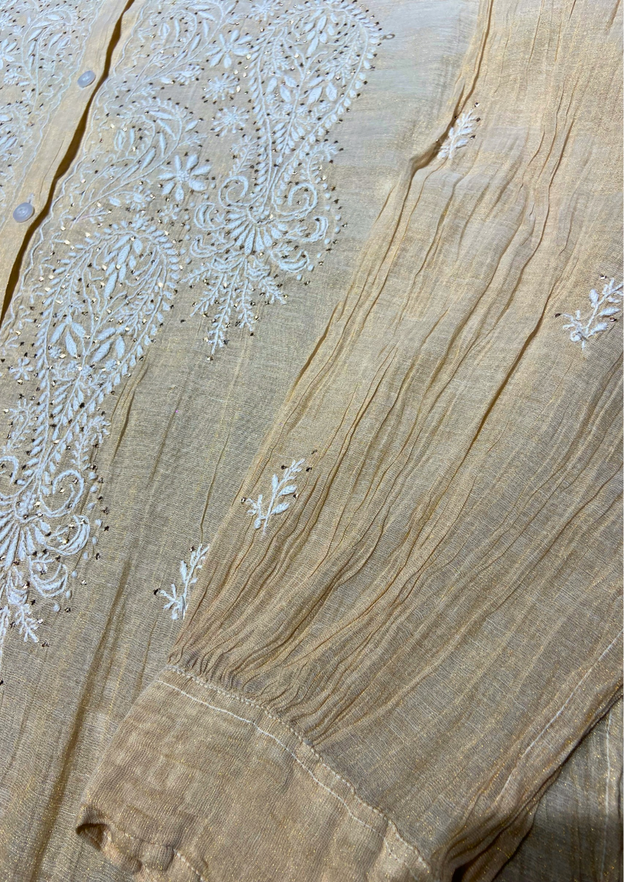 Chikankari Semistitched Golden Tissue Co-ord Set