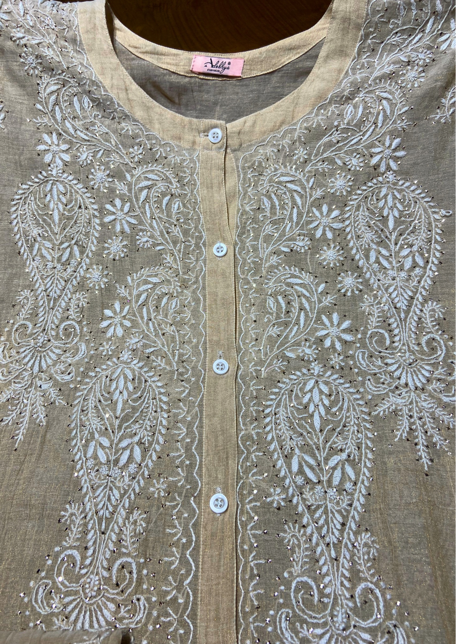 Chikankari Semistitched Golden Tissue Co-ord Set